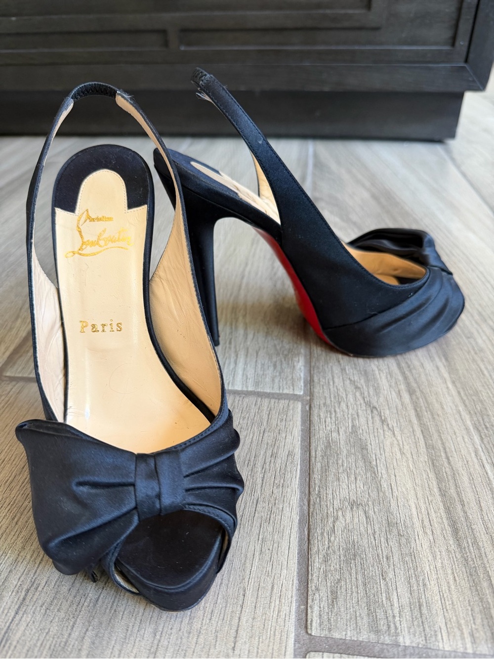 Christian Louboutin Black Satin Bow Peep-Toe Slingback Heels